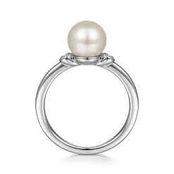 Sale Gabriel & Co. 925 Sterling Silver Pearl Ring with Bezel Set Side Diamonds
