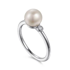 Sale Gabriel & Co. 925 Sterling Silver Pearl Ring with Bezel Set Side Diamonds