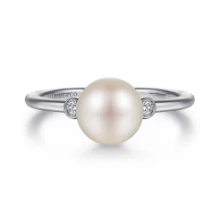 Sale Gabriel & Co. 925 Sterling Silver Pearl Ring with Bezel Set Side Diamonds