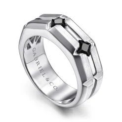 Gabriel & Co. 925 Sterling Silver Ring with Princess Cut Black Spinel Stations in Horizontal Brush Finish