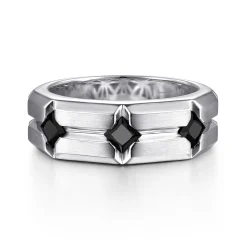 Gabriel & Co. 925 Sterling Silver Ring with Princess Cut Black Spinel Stations in Horizontal Brush Finish