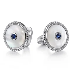 Gabriel & Co. 925 Sterling Silver Round Cufflinks with White Mother of Pearl and Sapphire