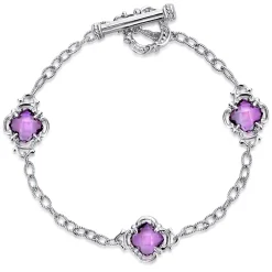 New Gabriel & Co. Sterling Silver Toggle Bracelet with Amethyst Clover Stations