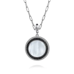Hot Gabriel & Co. 925 Sterling Silver White Mother Pearl and Black Spinel Bujukan Medallion Pendant in size 24mm With Detachable Bail