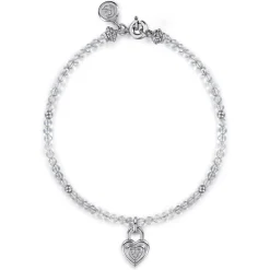 Gabriel & Co. 925 Sterling Silver White Sapphire Lock and Moon Stone Bead Bracelet