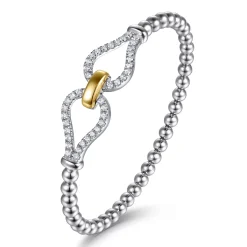 Discount Gabriel & Co. Strides - 14K Yellow Gold and 925 Sterling Silver Bujukan Beaded White Sapphire Stirrup Closed Bangle Bracelet