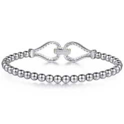 Discount Gabriel & Co. Strides - 14K Yellow Gold and 925 Sterling Silver Bujukan Beaded White Sapphire Stirrup Closed Bangle Bracelet