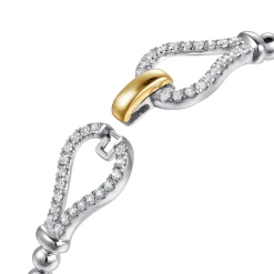 Discount Gabriel & Co. Strides - 14K Yellow Gold and 925 Sterling Silver Bujukan Beaded White Sapphire Stirrup Closed Bangle Bracelet