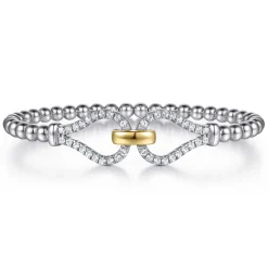 Discount Gabriel & Co. Strides - 14K Yellow Gold and 925 Sterling Silver Bujukan Beaded White Sapphire Stirrup Closed Bangle Bracelet