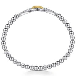 Discount Gabriel & Co. Strides - 14K Yellow Gold and 925 Sterling Silver Bujukan Beaded White Sapphire Stirrup Closed Bangle Bracelet