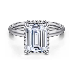 New Gabriel & Co. Symphony - 14K White Gold Emerald Cut Hidden Halo Diamond Engagement Ring