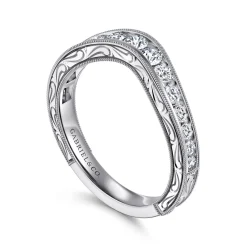 Discount Gabriel & Co. Tienne - Vintage Inspired 14K White Gold Micro Pave Curved and Channel Set Diamond Wedding Band with Engraving - 0.5 ct