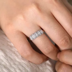 Hot Gabriel & Co. Troy - 14K White Gold Emerald Cut and Round Diamond Halo Station Anniversary Band - 2.25 ct