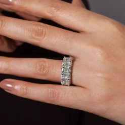Sale Gabriel & Co. Troy - 14K White Gold Emerald Cut and Round Diamond Halo Station Anniversary Band - 0.9 ct