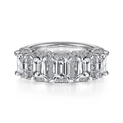 Sale Gabriel & Co. Troy - 14K White Gold Emerald Cut and Round Diamond Halo Station Anniversary Band - 0.9 ct
