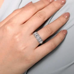 Sale Gabriel & Co. Troy - 14K White Gold Emerald Cut and Round Diamond Halo Station Anniversary Band - 1.4 ct