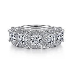 New Gabriel & Co. Troy - 14K White Gold Radiant Cut and Round Diamond Halo Station Anniversary Band - 2.36 ct