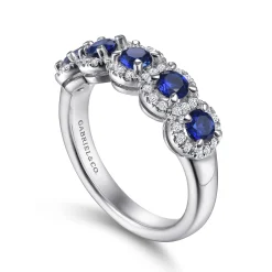 Gabriel & Co. Troy - 14K White Gold Round Sapphire and Diamond Halo Station Anniversary Band - 0.23 ct