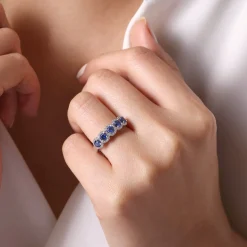 Gabriel & Co. Troy - 14K White Gold Round Sapphire and Diamond Halo Station Anniversary Band - 0.23 ct