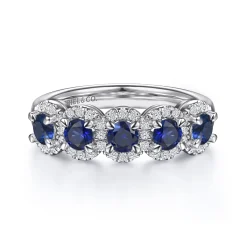 Gabriel & Co. Troy - 14K White Gold Round Sapphire and Diamond Halo Station Anniversary Band - 0.23 ct