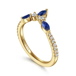 Discount Gabriel & Co. Tulsie - Curved 14K Yellow Gold Prong Set and French Pave Marquise Sapphire and Round Diamond Anniversary Band - 0.2 ct