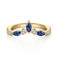 Discount Gabriel & Co. Tulsie - Curved 14K Yellow Gold Prong Set and French Pave Marquise Sapphire and Round Diamond Anniversary Band - 0.2 ct