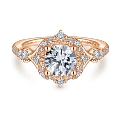New Gabriel & Co. Veronique - Unique 14K Rose Gold Vintage Inspired Halo Diamond Engagement Ring