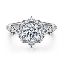 Hot Gabriel & Co. Veronique - Unique 14K White Gold Vintage Inspired Round Halo Diamond Engagement Ring