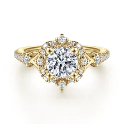 Clearance Gabriel & Co. Veronique - Unique 14K Yellow Gold Vintage Inspired Halo Diamond Engagement Ring