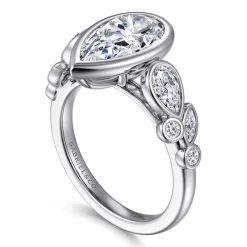 Best Gabriel & Co. Veyra - 14K White Gold Pear Shape Three Stone Bezel Diamond Engagement Ring