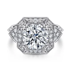 Clearance Gabriel & Co. Vintage Inspired 14K White Gold Round Halo Diamond Engagement Ring