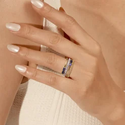 Best Gabriel & Co. Wide Band Easy-Stack Ring 14K White and Yellow Gold Diamond and Blue Sapphire 0.2ct