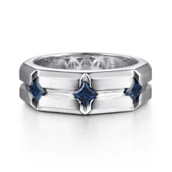New Gabriel & Co. Wide Band Stations in Horizontal Brush Finish 925 Sterling Silver Sapphire
