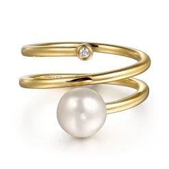 Gabriel & Co. Wide Band Wrap Ring 14K Yellow Gold Diamond and Pearl 0.02ct