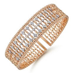New Gabriel & Co. Wide 14K Rose Gold Cage Cuff Bracelet with Diamond Stations
