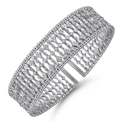 New Gabriel & Co. Wide 14K White Gold Cage Cuff Bracelet with Diamond Stations
