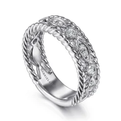 Best Gabriel & Co. Wide 14K White Gold Marquise and Round Station Diamond Anniversary Band with Twisted Rope Frame - 0.25 ct