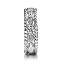 Best Gabriel & Co. Wide 14K White Gold Marquise and Round Station Diamond Anniversary Band with Twisted Rope Frame - 0.25 ct
