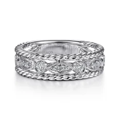 Best Gabriel & Co. Wide 14K White Gold Marquise and Round Station Diamond Anniversary Band with Twisted Rope Frame - 0.25 ct