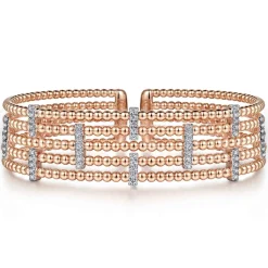 New Gabriel & Co. Wide 14K White-Rose Gold Bujukan Cuff Bangle with Diamond Bar Stations