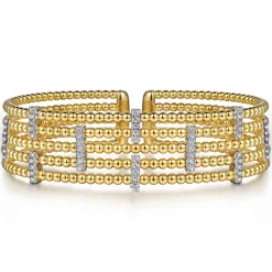 Clearance Gabriel & Co. Wide 14K White-Yellow Gold Bujukan Cuff Bangle with Diamond Bar Stations