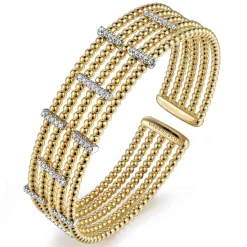 Clearance Gabriel & Co. Wide 14K White-Yellow Gold Bujukan Cuff Bangle with Diamond Bar Stations