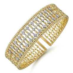 Best Gabriel & Co. Wide 14K Yellow Gold Cage Cuff Bracelet with Diamond Stations