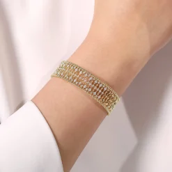 Best Gabriel & Co. Wide 14K Yellow Gold Cage Cuff Bracelet with Diamond Stations