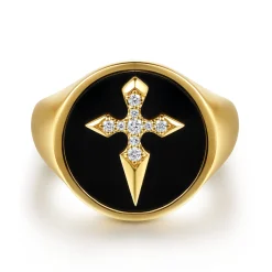 Gabriel & Co. Wide 14K Yellow Gold Diamond and Onyx Cross Signet Ring