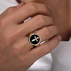 Gabriel & Co. Wide 14K Yellow Gold Diamond and Onyx Cross Signet Ring