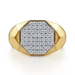 Best Gabriel & Co. Wide 14K Yellow Gold Faceted Signet Ring with Pave Diamonds in High Polished Finish