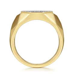 Best Gabriel & Co. Wide 14K Yellow Gold Faceted Signet Ring with Pave Diamonds in High Polished Finish