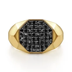 Outlet Gabriel & Co. Wide 14K Yellow Gold Faceted Signet Ring with Black Diamond Pave in High Polished Finish