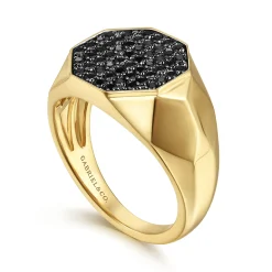 Outlet Gabriel & Co. Wide 14K Yellow Gold Faceted Signet Ring with Black Diamond Pave in High Polished Finish